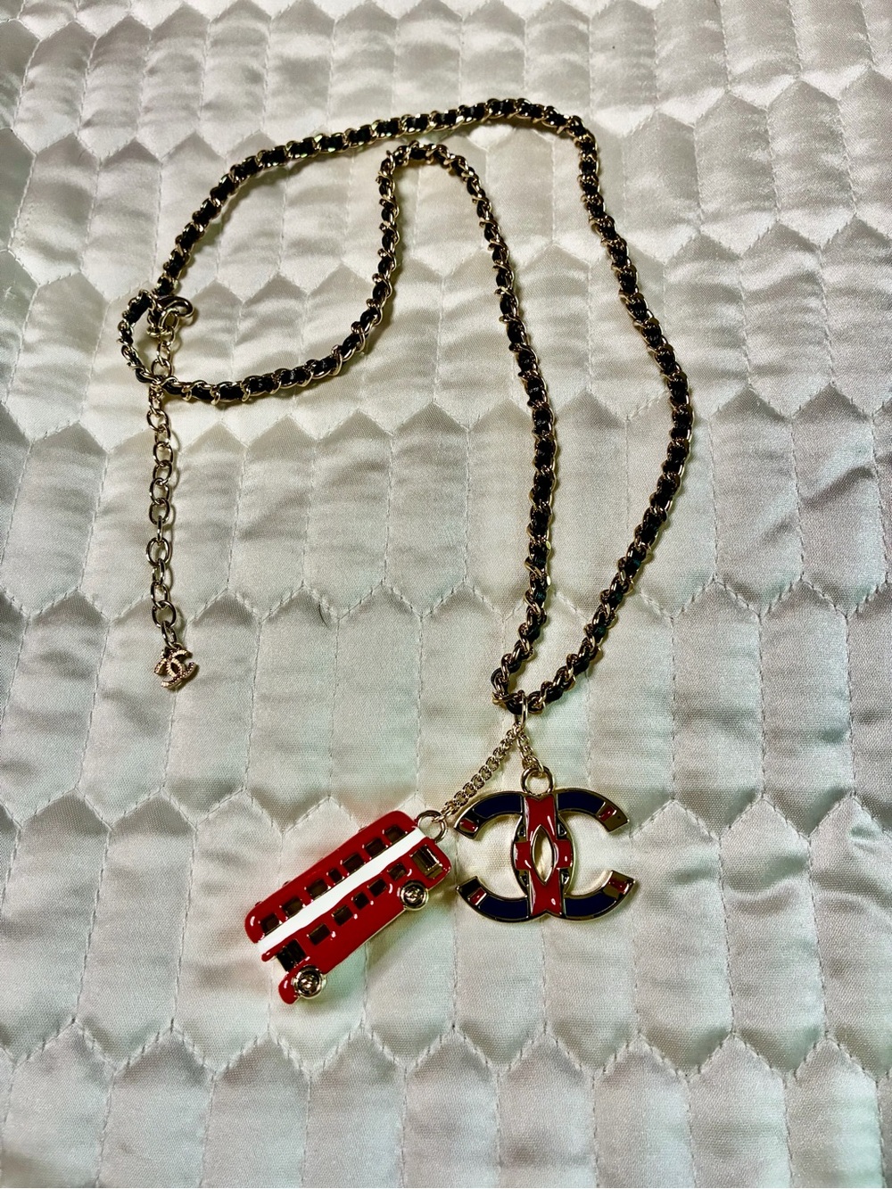 ChaneI Rare Double Decker British Bus with Dangle Logo Necklace OBO